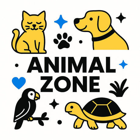 Colorful illustration of pets including a cat, dog, parrot, and turtle with 'Animal Zone' text.