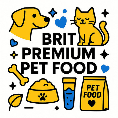 Colorful illustration featuring a dog, cat, pet food bowl, and branding for Brit Premium Pet Food.