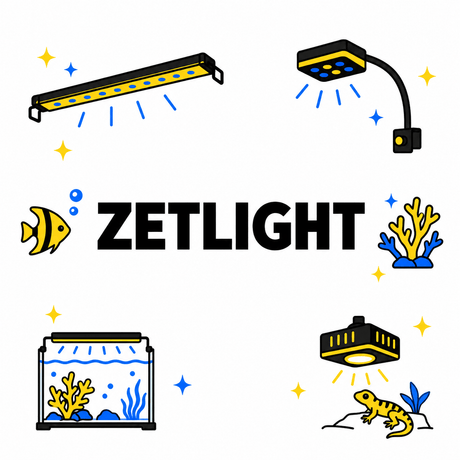 Zetlight logo with aquarium lighting, fish, and coral illustrations highlighting marine and reptile lighting options.