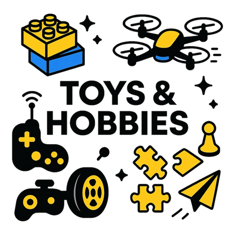 Colorful illustration featuring various items of Toys and Hobbies including game controllers, puzzles, and a drone.