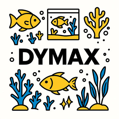 Dymax logo with illustrated fish and aquarium plants, representing premium aquarium solutions for aquarists.