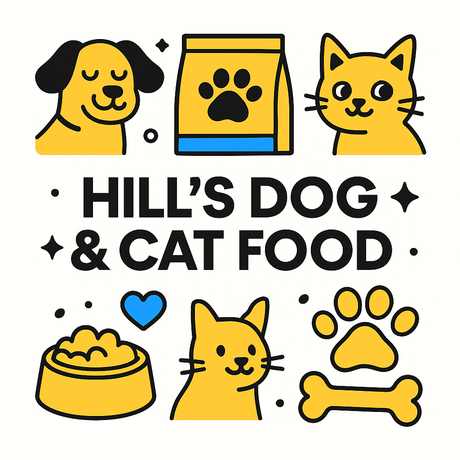 Illustration of Hill's Dog & Cat Food with playful pet icons and packaging, emphasizing premium nutrition.