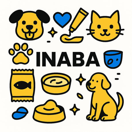 Colorful illustration featuring Inaba dog and cat treats, including paw prints, food bowls, and playful pets.