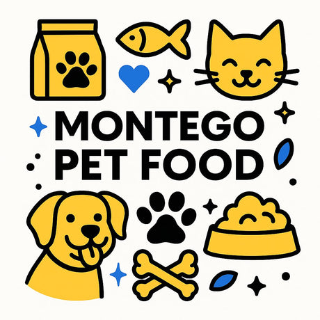 Colorful Montego pet food graphic featuring a dog, cat, fish, paw prints, and pet food symbols.
