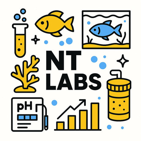 NT Labs logo with fish illustrations, laboratory equipment, and pH testing items, showcasing fish health expertise.