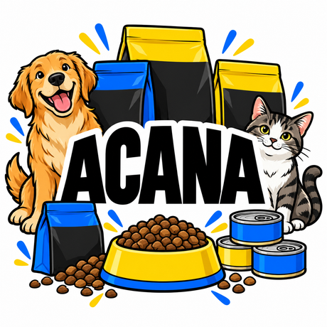 ACANA dog and cat food at Jungle Aquatics, illustrated with a dog, cat, dry food bags and wet food cans