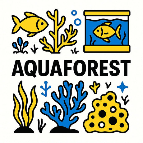 Colorful Aquaforest logo with fish, coral, and aquarium illustrations promoting healthy aquariums.