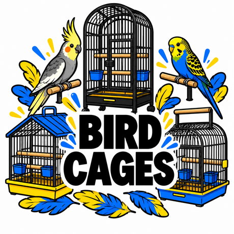 Bird Cages – illustrated bird cages with a cockatiel and budgie