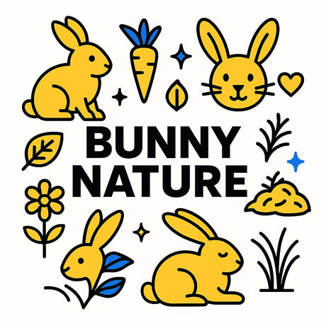 Colorful illustration of bunnies, carrots, and flowers representing Bunny Nature, a brand for healthy small animal food.