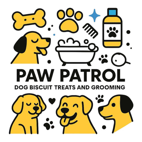 Paw Patrol Treats and Grooming collection featuring dog biscuits, grooming products, and playful dog illustrations.