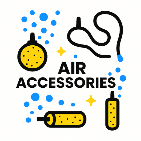 Colorful illustration of air accessories for aquariums featuring bubbles, airstones, and tubing.