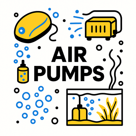 Colorful illustration of various air pumps for aquariums and ponds promoting oxygenation and water circulation.
