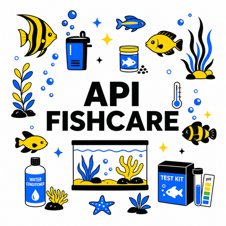 Colorful illustration featuring fish, aquarium supplies, and aquatic plants, highlighting API Fishcare.