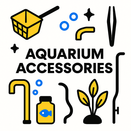 Bright graphic showcasing various aquarium accessories including a net, plants, and tools for aquarists.