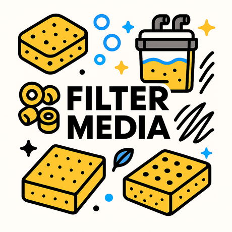Graphic illustration of pond filter media, including sponges and filter unit for clean aquatic environments.