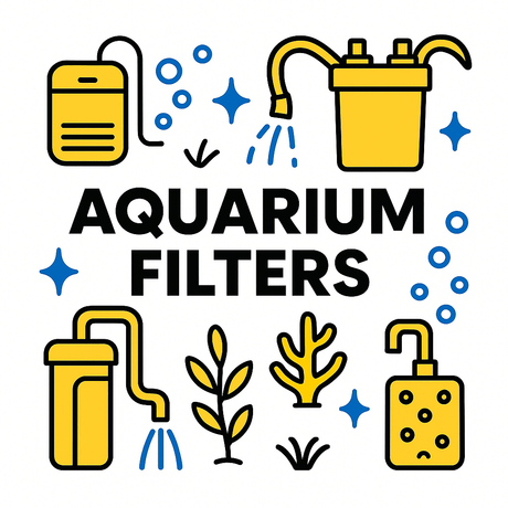 Colorful icons of aquarium filters with text 'Aquarium Filters' showcasing essential fish tank equipment.