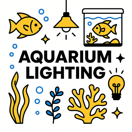 Colorful illustration of aquarium lighting with fish, plants, and coral for fresh and marine tanks.