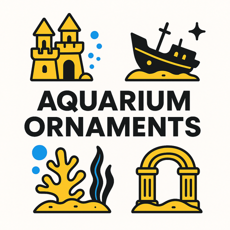 Colorful aquarium ornaments including a castle, ship, coral, and arch for enhancing fish tanks.