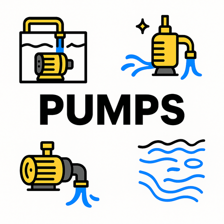 Illustration of various aquarium pumps and water flow, showcasing designs for optimal aquatic health.