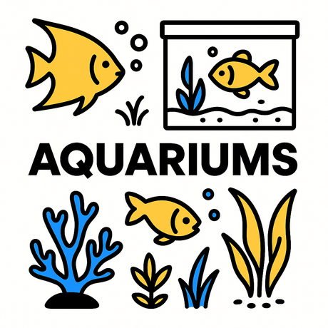 Colorful illustration of aquariums featuring fish, aquatic plants, and coral, promoting aquatic environments.