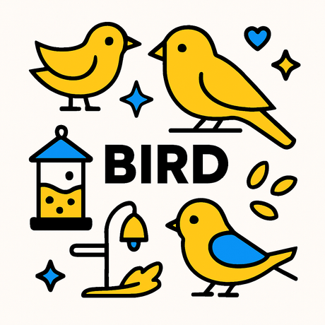Illustration of yellow birds, a bird feeder, and water dispenser, highlighting diverse bird care products.