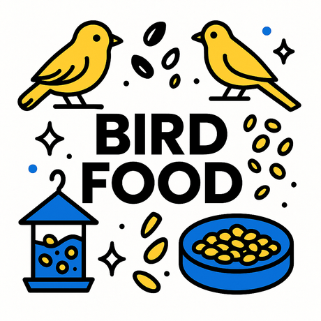 Colorful illustration of yellow birds with bird food and feeder, emphasizing quality bird food options.