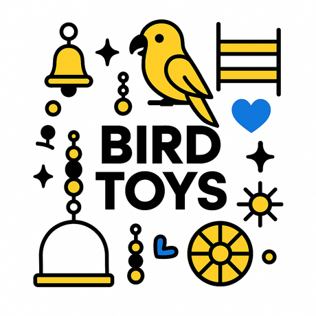 Colorful illustrations of bird toys, featuring a parakeet and various accessories for engaging pet birds.