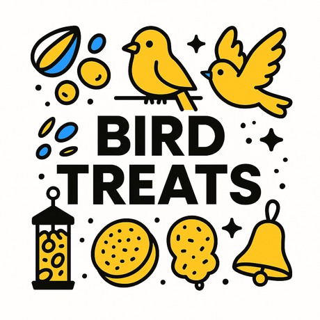Colorful illustration of bird treats like seeds, nuts, and birds with the text 'Bird Treats' prominently featured.