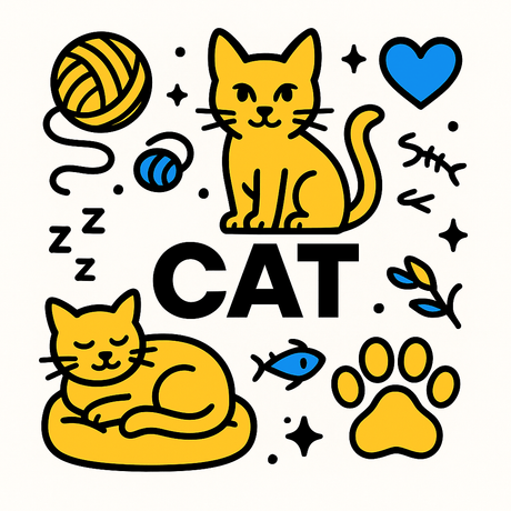 Colorful illustration of playful cats with yarn, paw prints, and fish, highlighting premium cat products in a fun design.