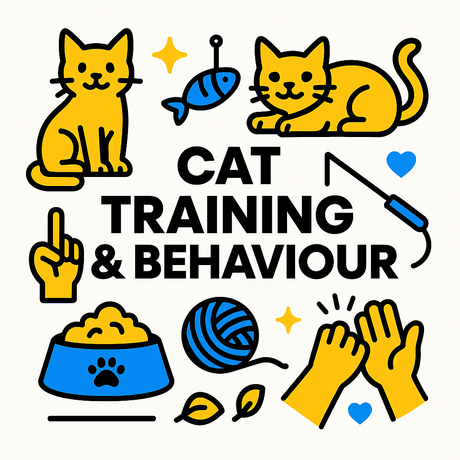 Colorful illustration featuring cats, training tools, and playful elements for cat training and behavior.