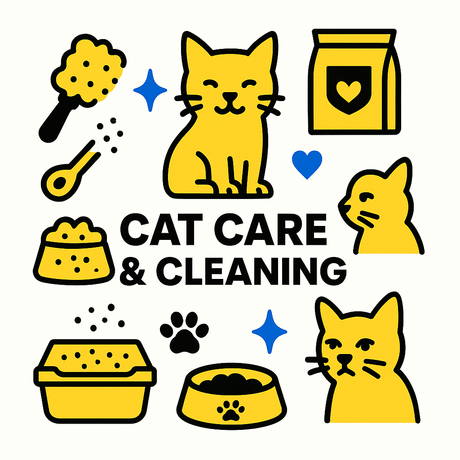 Illustration of cat care and cleaning items, showcasing grooming tools, food, and litter systems for cats.