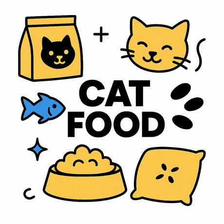 Illustration of cat food packaging and a happy cat, featuring fish, paw prints, and kibble.