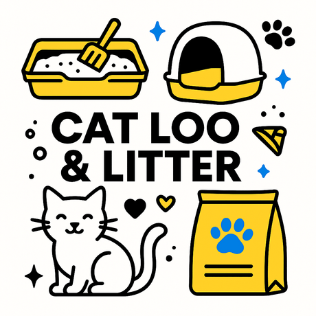 Illustration of cat litter items, including a litter box, cat, and litter bag, promoting comfort and quality for pets.