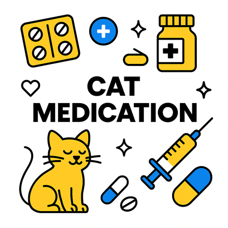 Colorful illustration of cat medication including pills, a syringe, and a medicine bottle with a cat.