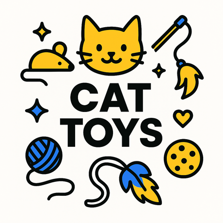 Colorful illustration featuring cat toys like a mouse, feather wand, ball, and yarn for playful felines.