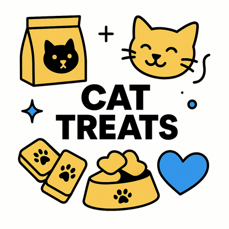 Colorful illustration of cat treats, including a cat, treat bags, and bowls, perfect for feline fun and nutrition.