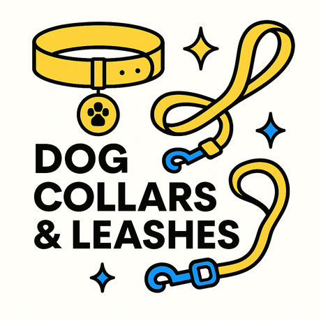 Colorful illustration of dog collars and leashes with text 'Dog Collars & Leashes', showcasing stylish pet accessories.