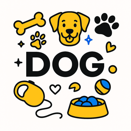 Colorful graphic featuring a dog, toys, and the word 'DOG', representing premium dog products collection.