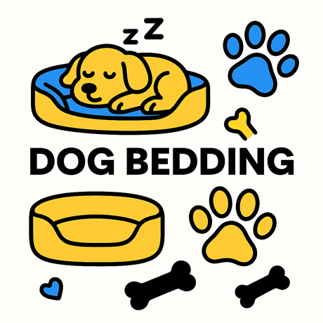 Illustration of a sleeping dog on a bed with paw prints and bones, showcasing dog bedding collection.