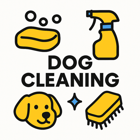 Illustration of dog cleaning supplies, including soap, spray, brush, and a cheerful dog icon.