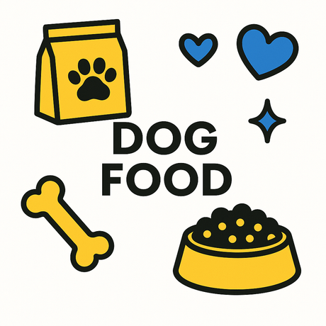 Colorful dog food illustration featuring a food bag, bowl, heart, bone, and stars.