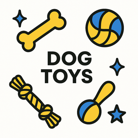 Colorful illustration of dog toys including a bone, ball, and rope, showcasing interactive play for dogs.