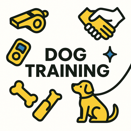 Graphic illustrating dog training tools: whistle, clicker, bones, and a dog, emphasizing effective training solutions.
