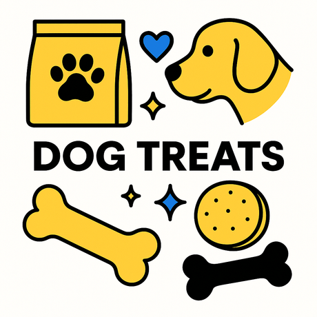 Colorful illustration of dog treats including a dog, a paw print, and various bone shapes.