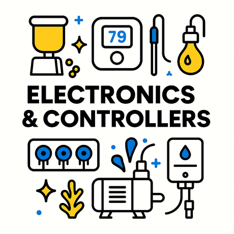 Colorful icons representing aquarium electronics and controllers for optimal marine life management.