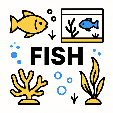 Colorful illustration of fish, coral, and an aquarium, symbolizing essential aquarium products for aquatic environments.