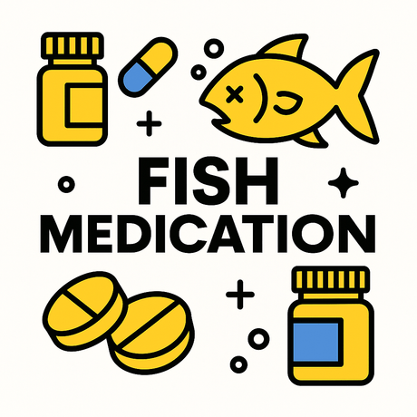 Illustration of fish medications, including bottles, pills, and an icon of a fish, representing health care for aquatic pets.