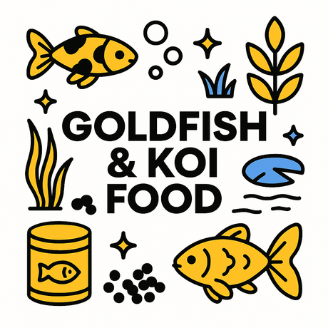 Colorful illustration of goldfish and koi food with essential ingredients for vibrant fish health.