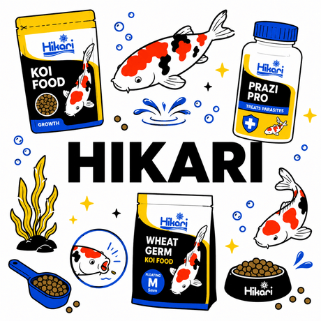 Hikari fish and koi food products including Koi Food and Wheat Germ, enhancing fish health and color.
