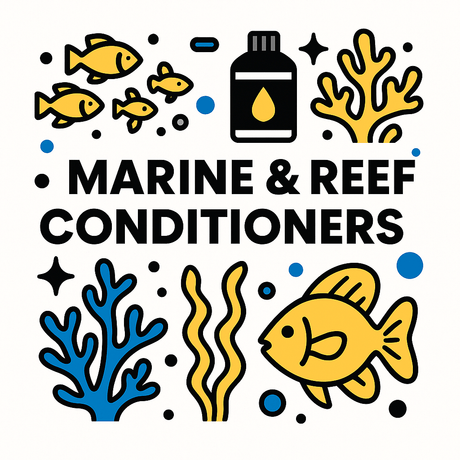 Colorful marine and reef conditioners illustration featuring fish, coral, and nutrients icon.